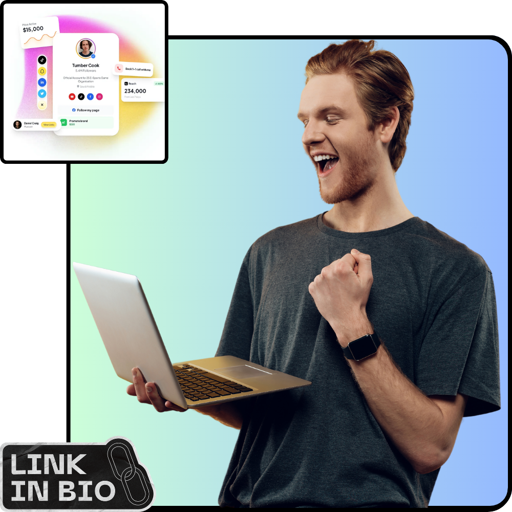 A Biolink Platform bio page on a phone, showing links to social profiles, a store and music